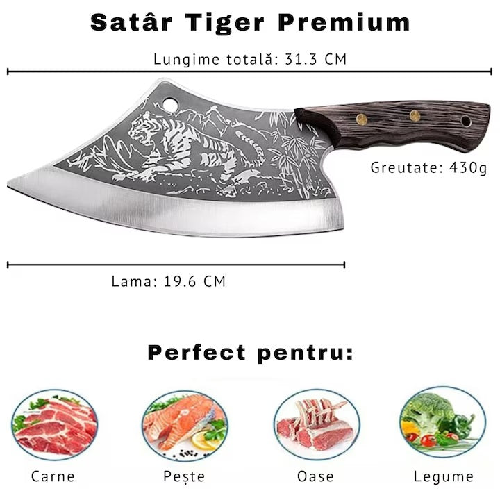 Cutit de bucatarie tip satar, Otel Inoxidabil, Taiere usoara, Lama ascutita, Maner lemn anti-alunecare, Design Tigru, Ergonomic, Full tang, Teaca inclusa
