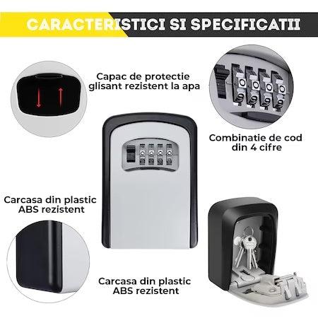 Cutie cu cifru din aluminiu, pentru depozitare chei, montare pe perete, 130x100x50 mm, Regim Hotelier, Booking, AirBnb