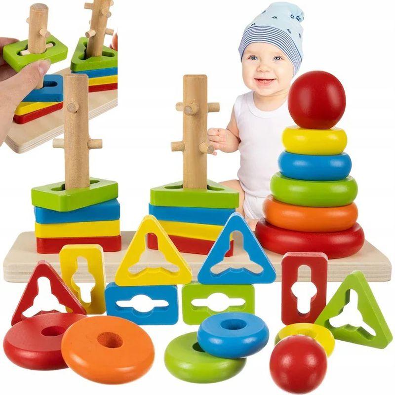 Jucarie educativa din lemn, Montessori, sortator forme si culori, culori vesele, 7x 22.5 x11.5 cm