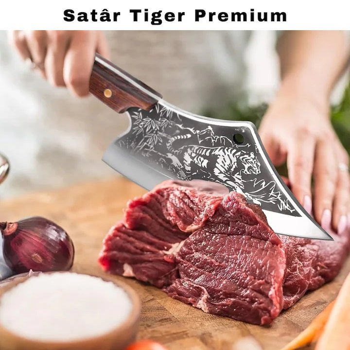 Cutit de bucatarie tip satar, Otel Inoxidabil, Taiere usoara, Lama ascutita, Maner lemn anti-alunecare, Design Tigru, Ergonomic, Full tang, Teaca inclusa