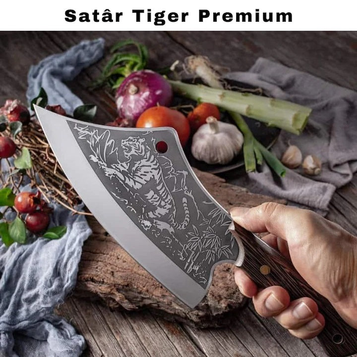 Cutit de bucatarie tip satar, Otel Inoxidabil, Taiere usoara, Lama ascutita, Maner lemn anti-alunecare, Design Tigru, Ergonomic, Full tang, Teaca inclusa