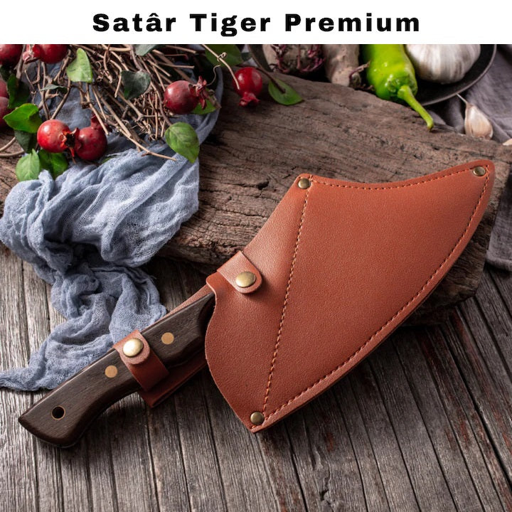 Cutit de bucatarie tip satar, Otel Inoxidabil, Taiere usoara, Lama ascutita, Maner lemn anti-alunecare, Design Tigru, Ergonomic, Full tang, Teaca inclusa